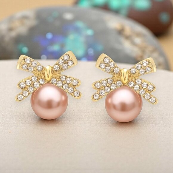 Coquette Pink Pearl Bow Earrings Gold Crystal Ribbon Studs Dainty Balletcore - Picture 12 of 14